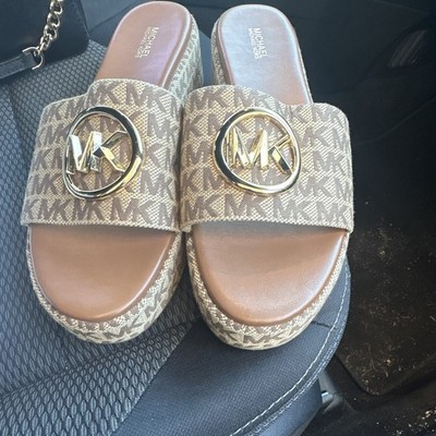 Michael Kors Women s Logo Monogram Wedge Slide Sandals Brown/Beige 9 M