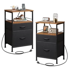  Nightstands Set of Night Stand Set with Charging 2 Black and Rustic Brown