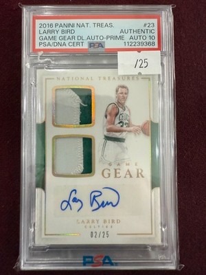 Larry Bird 2016 National Treasures Game Used Dual Patch 2/25 PSA 10 Auto Grade