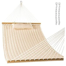  12FT Quilted Fabric Double Hammock with Spreader Bars and Detachable Linen