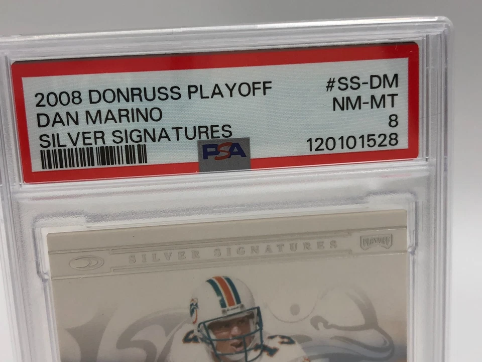 Tarjeta automática de Dan Marino 2008 Donruss Playoff SILVER FIRMAS clasificación PSA 8 Foto 3 de 4