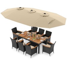 11PCS Patio Wicker Dining Set w/Double-Sided Outdoor Umbrella 8 Stackable Chairs