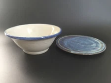 Vintage Studio Pottery Thrown Cereal Bowl + Bread Toast Plate Blue Breakfast Set
