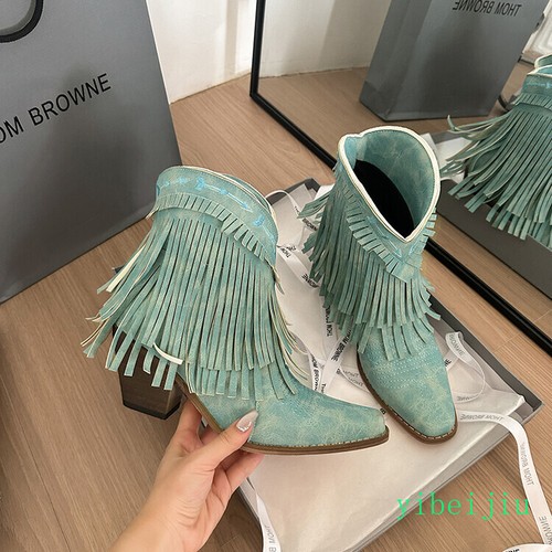 Womens Tassel Ankle Boots Fringe Western Cowboy Leather Shoes Cuban Heel Classic - Picture 13 of 20