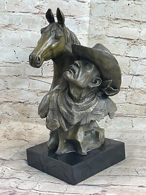 Western Art Old West Cowboy With Horse Bronze Bust Sculpture Marble Statue Deal