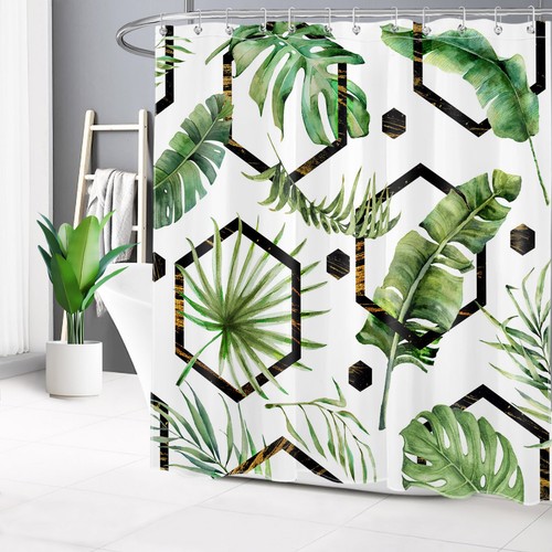 Black Abstract Geometric Green Palm Leaf Shower Curtain Bathroom Accessories Set - Picture 17 of 20