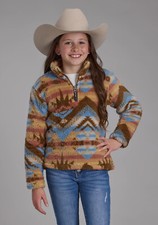 Roper Kids Girls Fuzzy Aztec Brown/Blue 100 Polyester Fleece Jacket