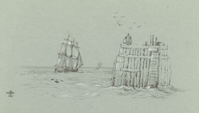 Segelfregatte vor Kai Graphit Zeichnung 1843 Original