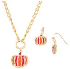 NWT Festive Gold Tone Pumpkin Earring  Necklace Set w/ Rhinestones Autumn Fall