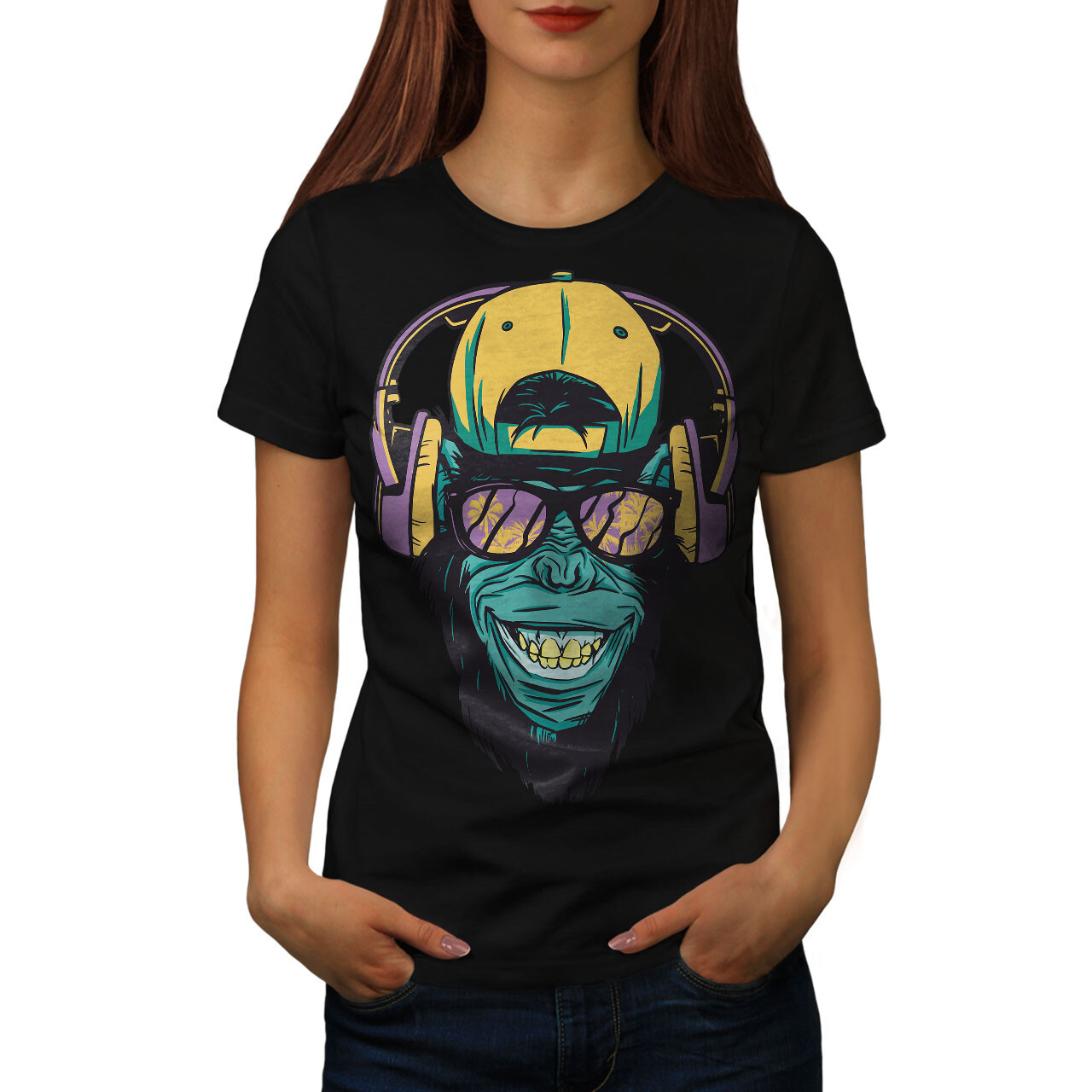 Wellcoda Cool Monkey With Headphones Womens T-shirt