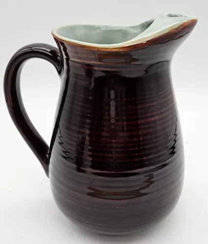 Vintage Red Wing USA Pottery Pitcher Brown Blue Striped 32oz Water Juice Pitcher