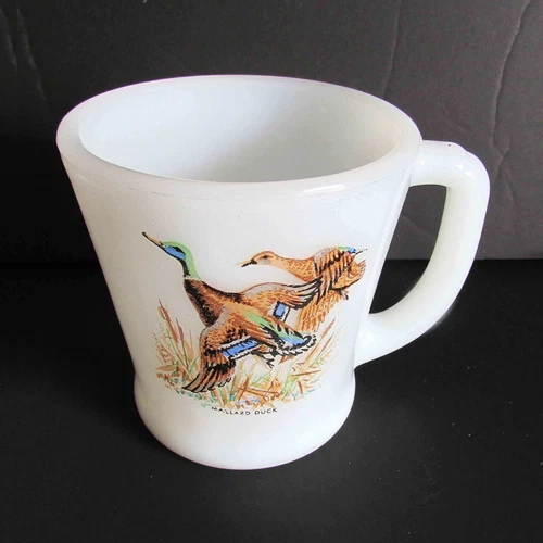 White Fire King Mallard Ducks D Handle Mug Cup Game Birds Vintage 1960s FREE SH