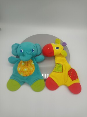 Set of 2 Bright Starts Crinkly Teether Loveys Aqua Elephant/Yellow Giraffe