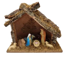 Vintage Nativity Set Joseph Mary Baby Jesus Manger Mossy Roof Wooden Barn