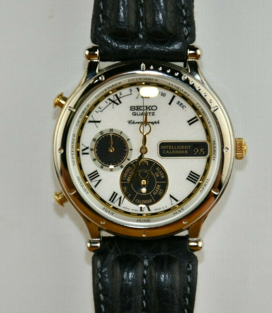 美品✨ SEIKO 6M23 稼働 希少 廃盤 90年代 メンズ 時計 SEIKO AGE OF DISCOVERY quartz chronograph 6m23-8000 BLACK LEATHER