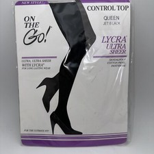 On the Go Pantyhose Control Top QUEEN Lycra Ultra Sheer Jet Black Foot VTG GR16