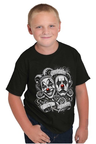 Smile Now Cry Later Clown Jester Drama Masks Youth Crewneck T Shirts Boy or Girl - Picture 4 of 7