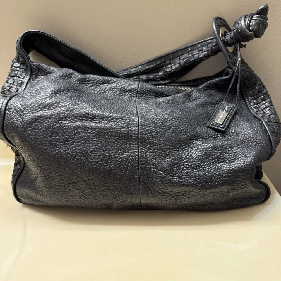 Antonio Melani Black Leather Hobo Satchel Shoulder Bag Purse Braided Strap - Image 2 of 4