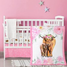 3 Piece Highland Cow Baby Crib Bedding Set for Baby Girls Pink Floral Nursery...