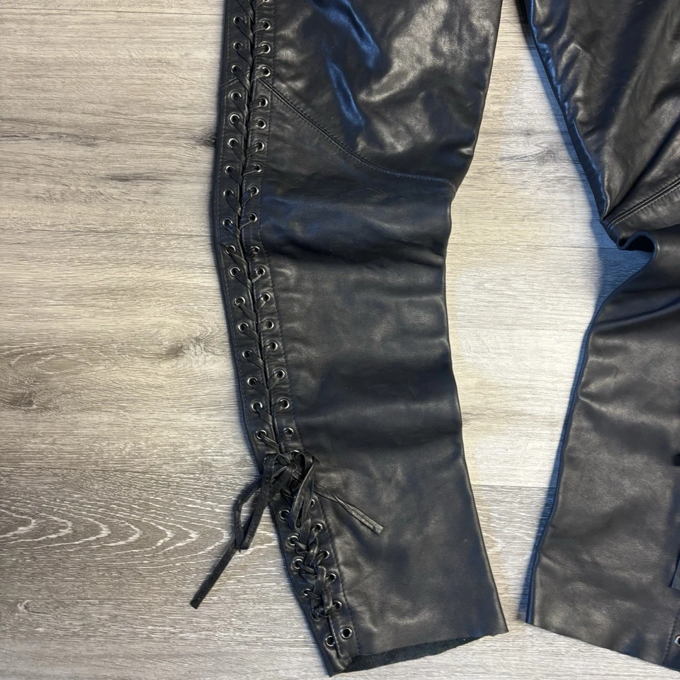 Pantalones de cuero negros Harley-Davidson con cordones laterales completos motociclista grunge talla 10 Foto 2 de 4