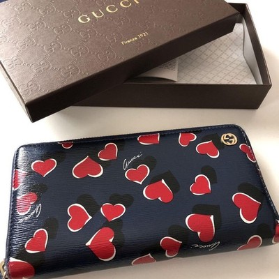 GUCCI Heart Print Leather Zip Around Wallet Navy Red Long Wallet D351