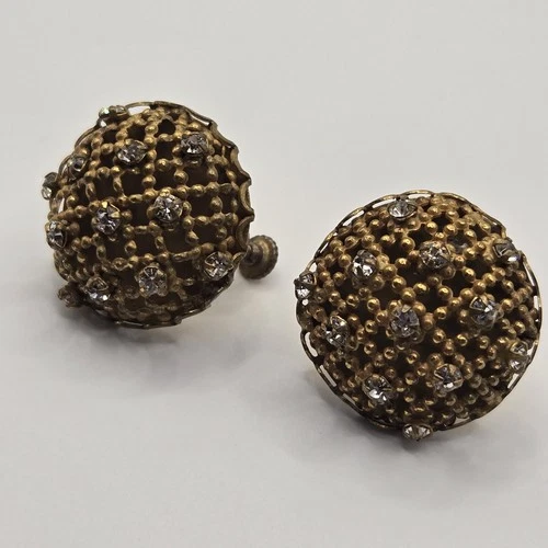 Vintage Miriam Haskell Cage Earrings Russian Gold Filigree Rhinestone Domed 1960