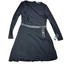 RALPH LAUREN Dress Womens 12P Petite Black Long Sl Knee Length Faux Leather Tags