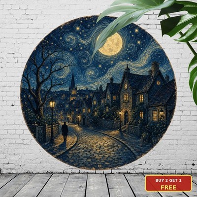 Swirling Starry Sky Full Moon Night Village Scene Round Tin Sign Decor 8x8