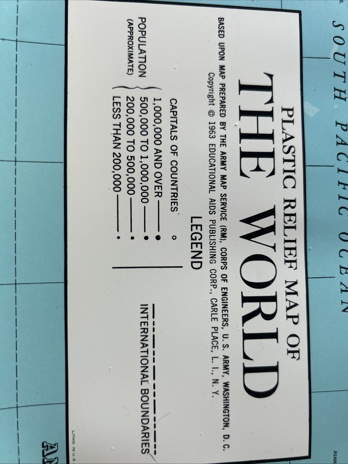 Vintage 3-D plastic relief map of “The World” U. S. Army Map 1963 20" x 27"