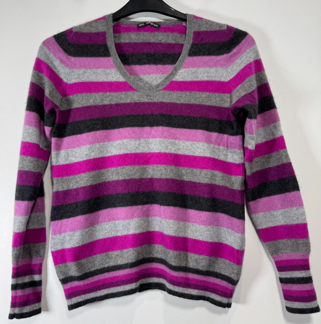 M&S Autograph Cashmere Jumper Women’s UK 14 Pink Grey Striped V-Neck Soft Warm