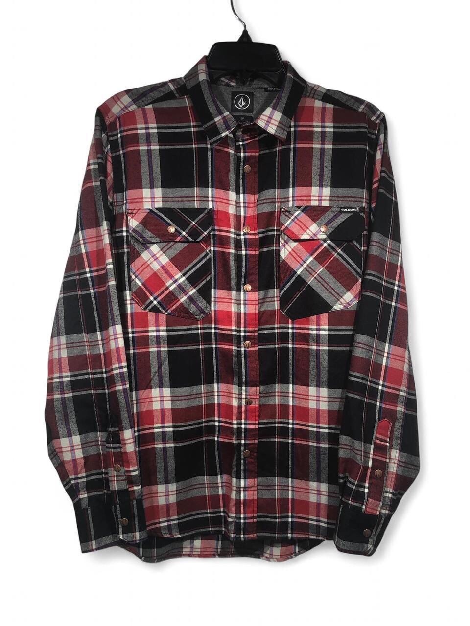 Volcom Plaid Shirt Men’s Small Red Black Snap Closure Breakdown Plaid
