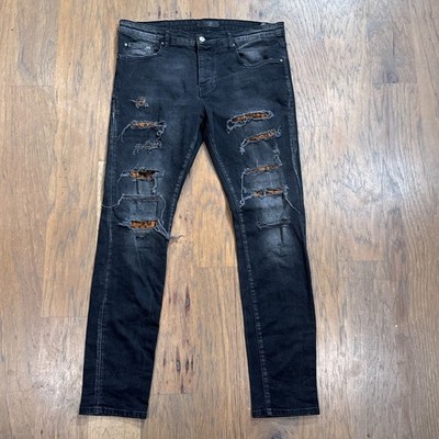 Amiri Jeans Mens 34 Black Denim Pants Distress Leopard MX1 Skinny