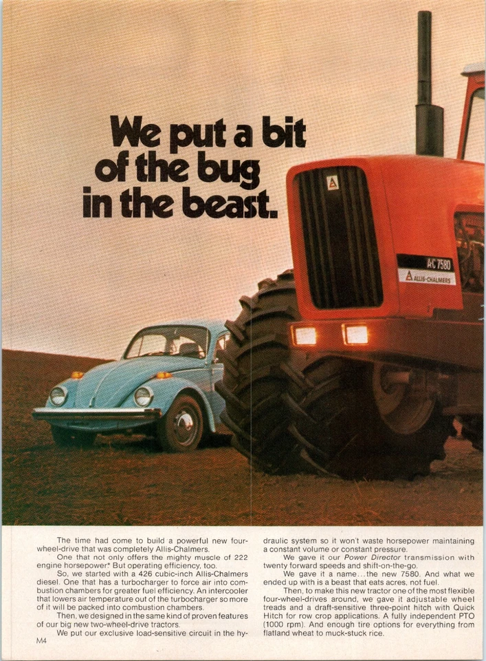 Allis-Chambers AC 7580 1976 tractor Blue Bug Beetle vintage años 70 anuncio impreso en 2 páginas Foto 2 de 3