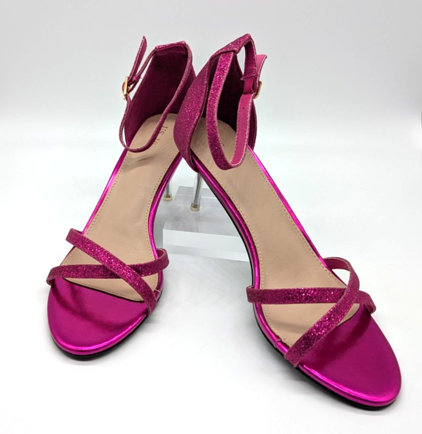 Hot Pink Glitter Heels Size 10 Clear Stiletto Ankle Strap Party Evening Sandals