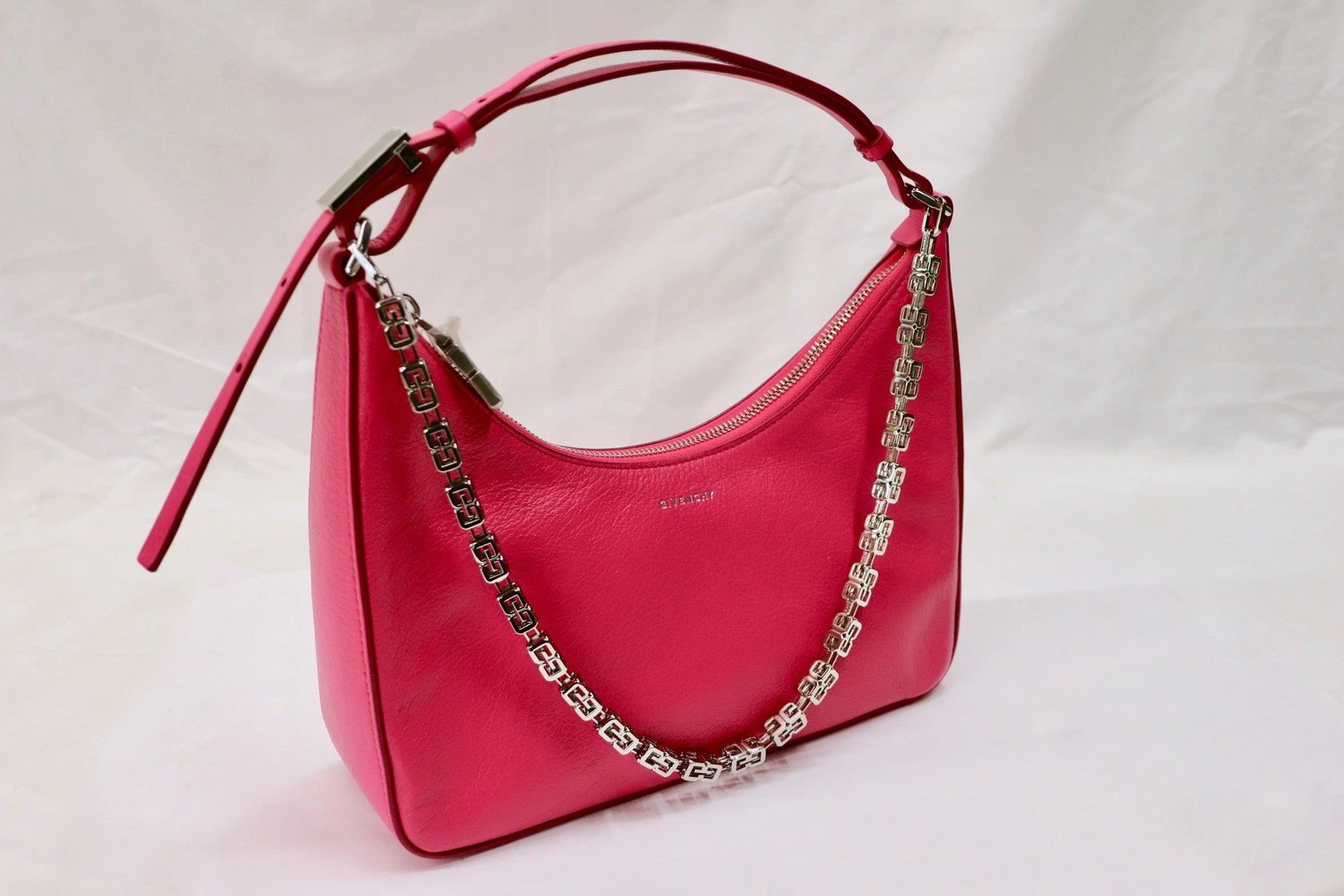 Givenchy — GIVENCHY Moon Hot Pink Leather Shoulder Bag Chain Strap Silver HW