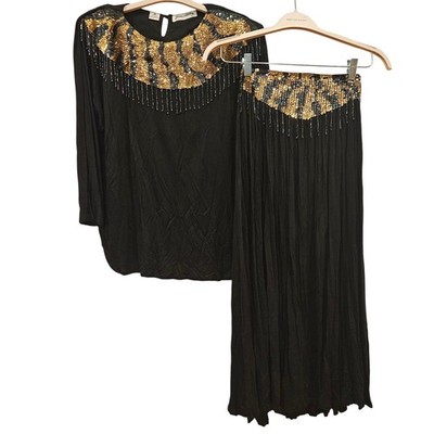 Jane Ashley Black Sequin Gypsy Top & Pleated Skirt Set Women's L Stevie Nicks
