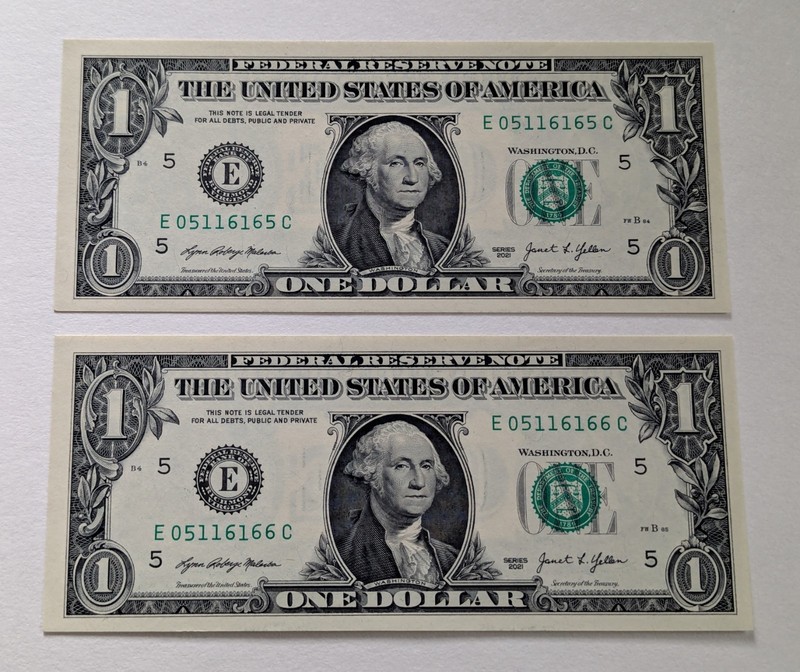 US One Dollar, 2021, 2 Sequencial $1 Bill, Uncirculated, Two Women In US History