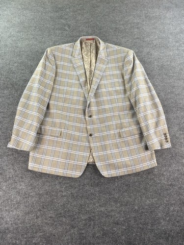 Renoir Sport Coat 54 L Beige Blue Polyester Windowpane Check Premium Big & Tall