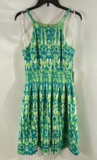 Calvin Klein Women's Green Blue Watercolor Sleeveless Pleated Scuba Dress Sz 8