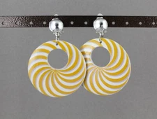 Clip On earrings stripe round disc pendant lightweight 2.5" long yellow white