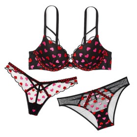 Victoria's Secret Dream Angels Push Up bra set embroidery black heart 5X14 panty
