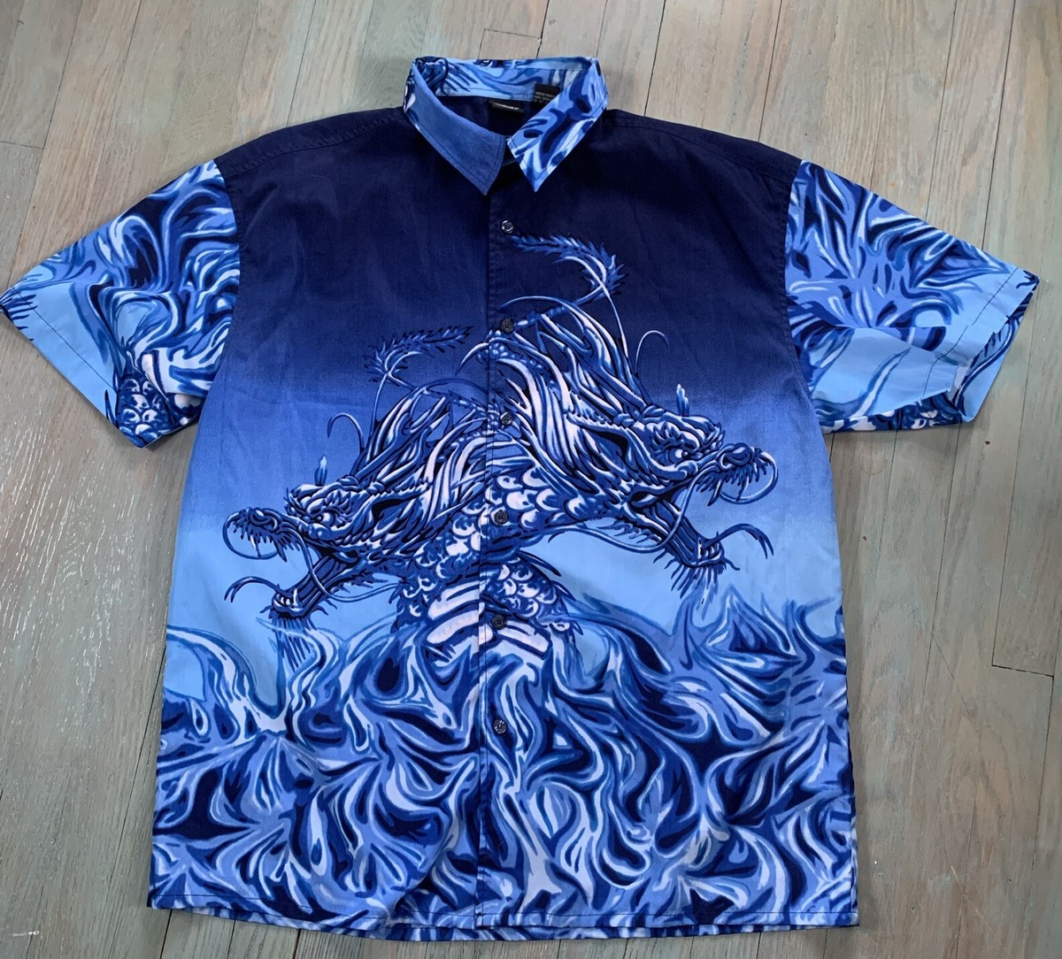 Vintage Pop Icon Shirt Mens L Blue Dragons 90S Y2K Style Button Up