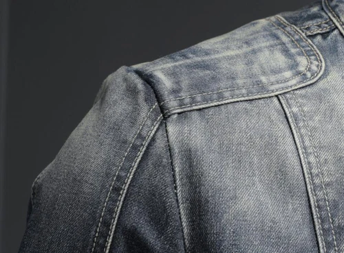 Herren blau Denim Jeansjacke Reißverschlussband Kragen Motorradmantel Reißverschlusstasche - Bild 9 von 11