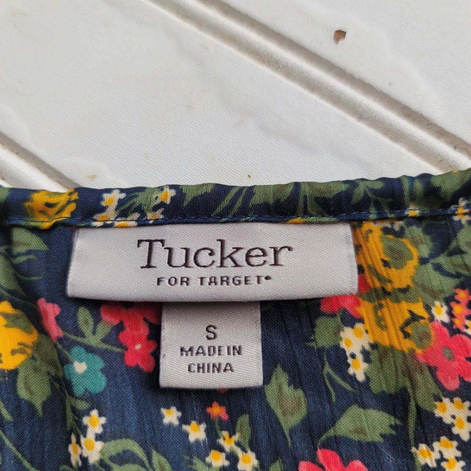 Tucker For Target Navy Blue Red Yellow Floral Spaghetti Strap Top Crinkle Sz S - Imagem 2 de 4