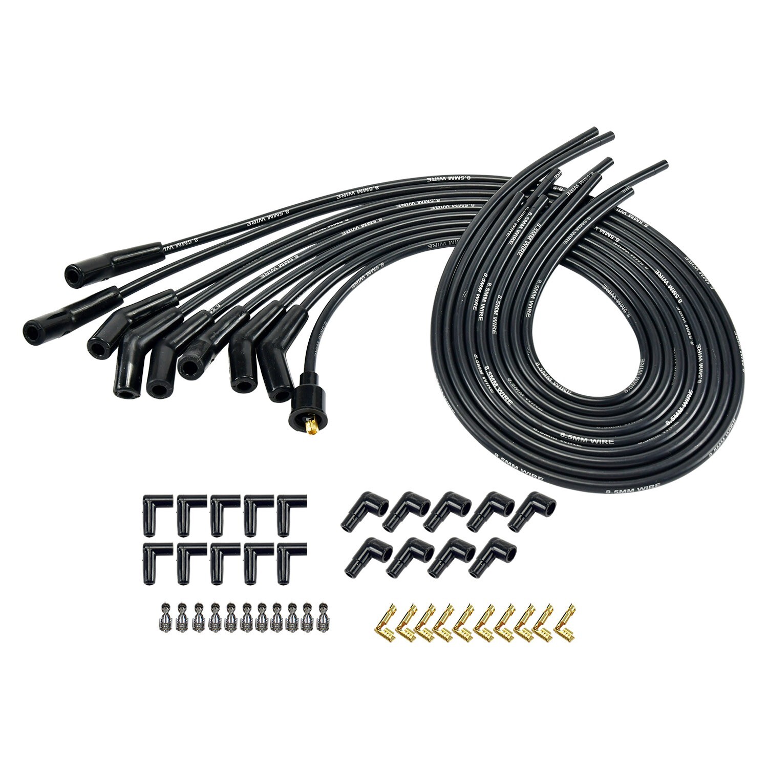 Spark Plug Wires Spiral Core 8.5mm Black 45 degree Boots Universal Set V8 W/Loom