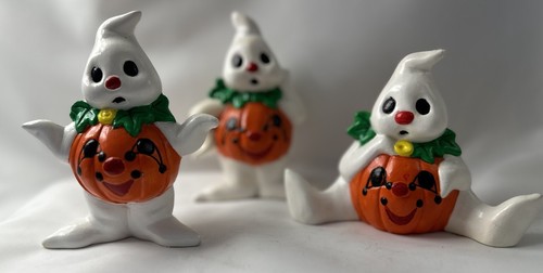 Hand Painted Ceramic Mold Halloween Pumpkin Ghosts Figurines Set Of 3 Vintage - Picture 7 of 19