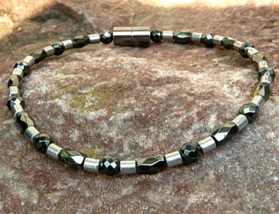 Men's Women's 100% BLACK n Silver Magnetic Hematite Necklace Anklet Bracelet