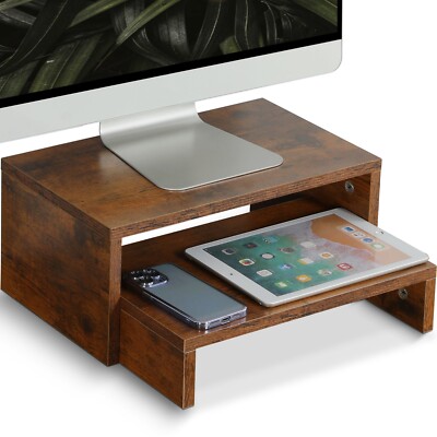 2 Pack Monitor Stand Riser,Wood 2 Tier Adjustable for 2 Monitors/Laptop/PC Brown