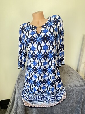 Sandra Darren Dress Womens 10 M Blue White Casual 3/4 Texture Contrast Hem  | eBay