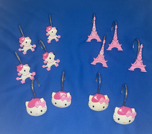 Sanrio 2008 Hello Kitty Paris & Poodles Shower Curtain Hooks  Bonjour 12 Hooks - Foto 1 di 9